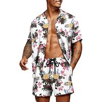 Ensemble Survêtements Hawaiian Imprimé Homme Été T-Shirt à Manche Courte et Shorts 2 pièces Plage Casual Sportswear blanc-A