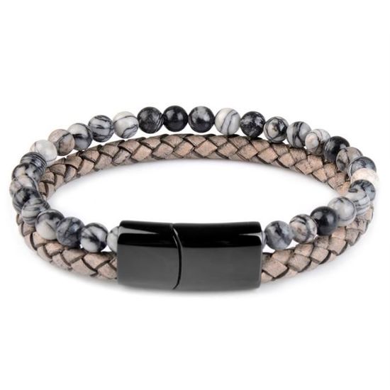 Bracelet Homme En Cuir Véritable Et Pierre Naturelle - Fermeture Magnétique, Design Tissé, Cadeau Idéal - 13