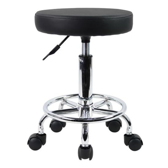 Tabouret De Bureau Avec Dossier Réglable - Cuir PU Noir - Roulettes 360° - Hauteur Adjustable - 135kg Charge Max