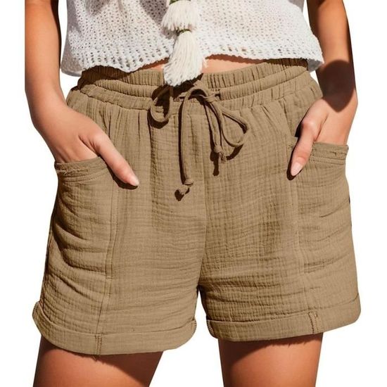 Short Sport Femme Taille Haute - Coton Léger Élastique - Avec Poches - Confortable Pour Yoga, Casual