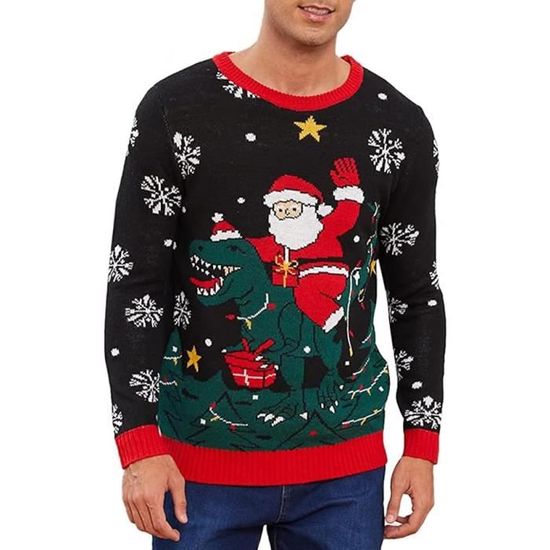 Pull De Noël Humoristique Homme - Imprimé Père Noël/Renne - Col Rond, Manches Longues - Matière Polyester/spandex Douce - Taille à Vérifier