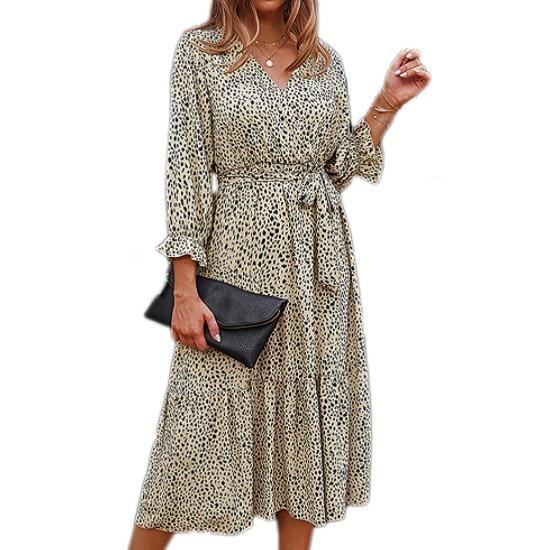 Femme Robe Fleurie Col V Et Manches Longues Taille Haute Robe