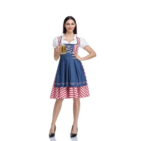 Robe Dirndl Bavaroise Oktoberfest - Costume Traditionnel Allemand 3 Pièces - Taille S à XXL - Idéal Fête De La Bière, Halloween, Carnaval