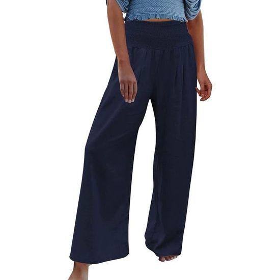 Pantalon En Lin Femme Léger Fluide Ample Pantalons 7/8 Large Taille Haute Été Lin Pants De Plage Décontracté Élastique Avec Poches Chic Printemps Travail Yoga Pantacourt Pantalon Large Femme H&m