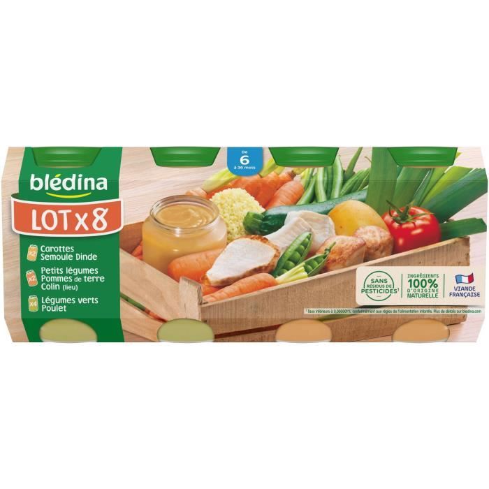 BLEDINA Petits pots 2x carottes semoule dinde 4x légumes verts poulet 2x légumes pdt colin - 8x200 g - Dès 6 mois