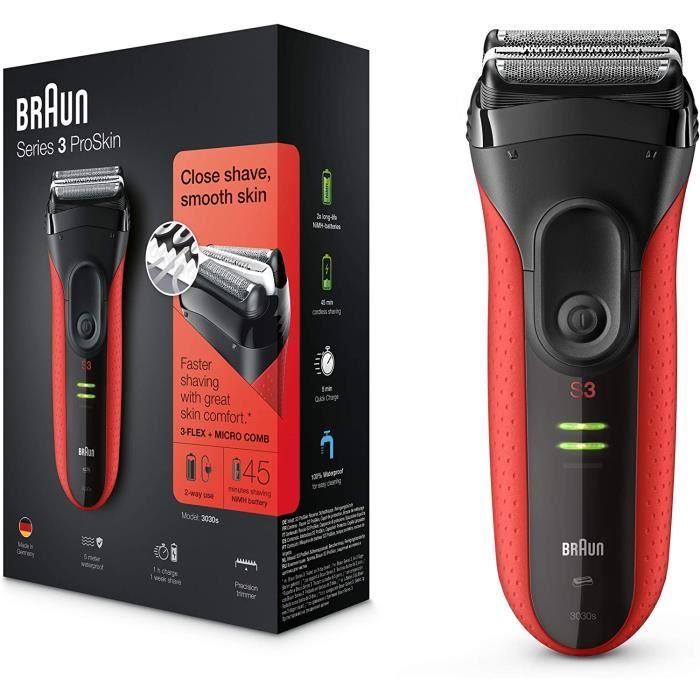 Braun Series 3 ProSkin 3030s Rasoir Électrique Homme Barbe, Noir/Rouge - Rasoir Électrique Rechargeable