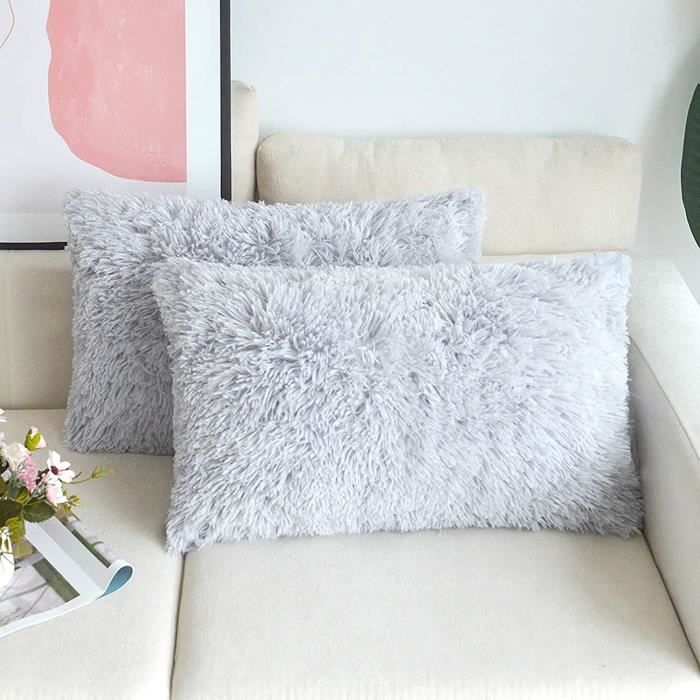 Ensemble de 2 pièces de housse de coussin en fourrure artificielle 30x50cm gris, moelleux et doux housse de coussin carrée déco,239