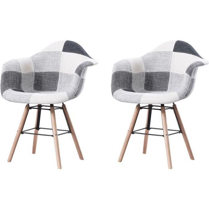 LEANA - Lot de 2 fauteuils scandinave - Tissu - Noir/Blanc - pieds en bois et metal design salle a manger salon - 62 x 62 x 82 cm