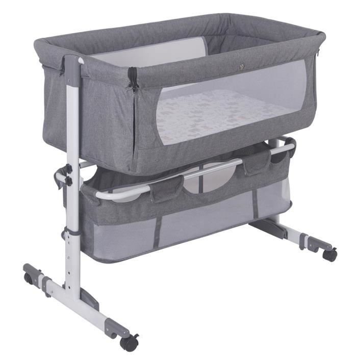 OHMG-LIT BEBE, Lit bébé avec matelas souple et moustiquaire, + roues. (93*57*71-88cm/gris )