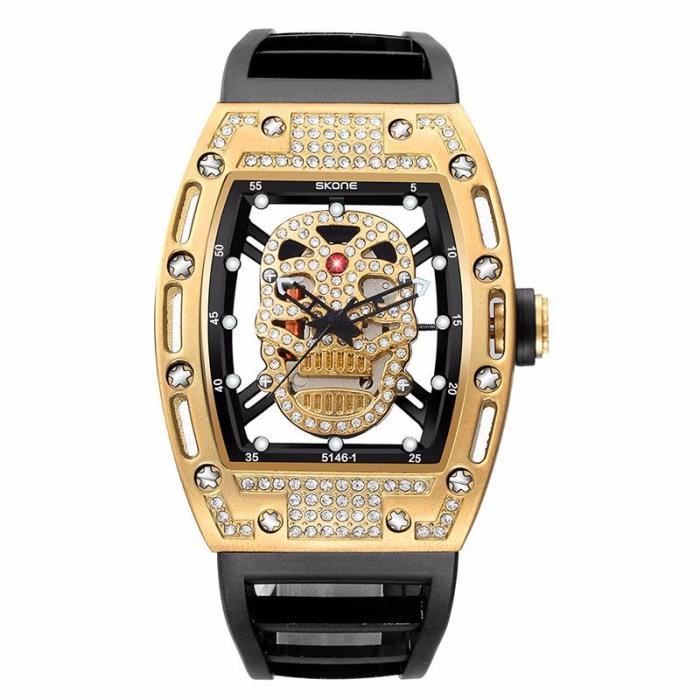 Montre homme forme de crâne diamant popularité mode le nouveau bracelet en caoutchouc cadran transparent doré sport