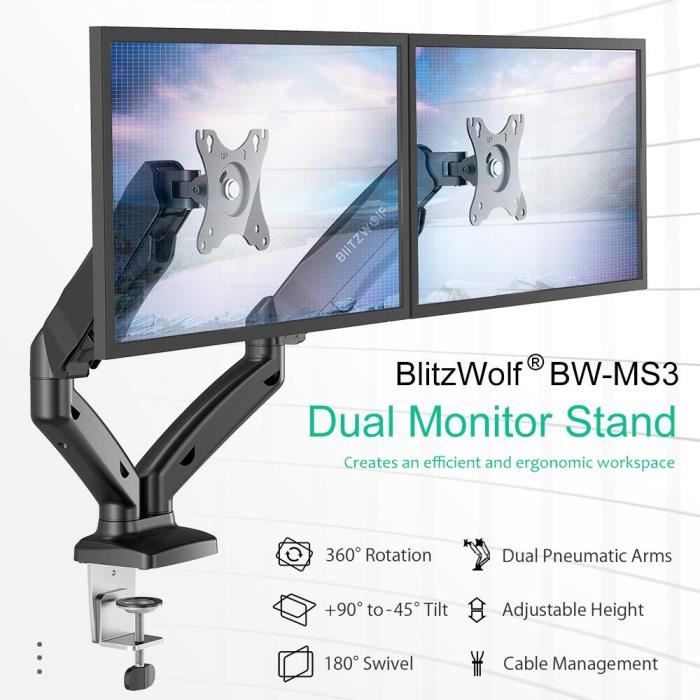 BlitzWolf BW-MS3 Support Moniteur Double 2 Ecrans PC Ordinateur Table Pince Rotatif 360° Inclinable +90° à -45° Pivotable 180°