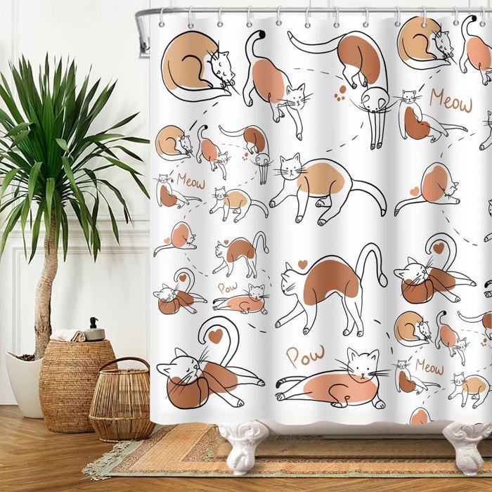 SDOTPMT 178x183cm Drôle Chat Rideau de Douche - Mignon Chat Baleine Océan Vague - Dessin Animé Rouge Poisson Bleu - Tissu Étanche pour Salle de Bain avec Crochets