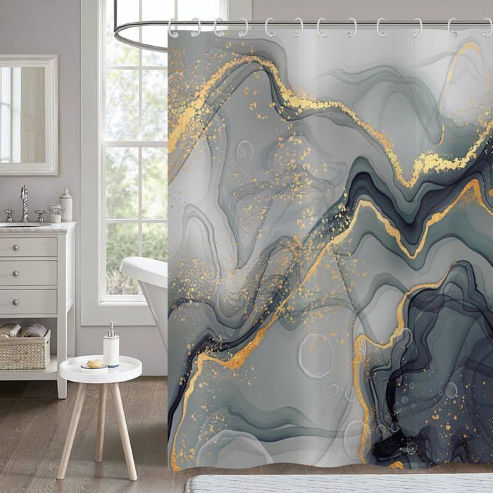 Rideau De Douche Marbre Noir Et Or - Tissu Polyester Anti-Moisissure - 150x200 Cm Avec Crochets