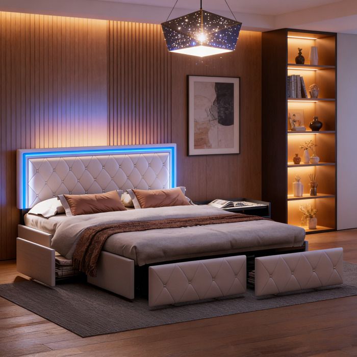 Lit double 160x200 cm avec prise de lumière LED 4 tiroirs en PU doux pour la peau Lit rembourré pour adulte denfant Blanc cuir