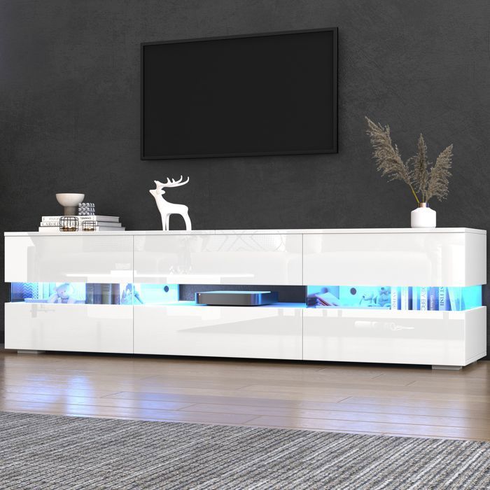 Meuble TV moderne blanc brillant avec éclairage LED 2 portes 1 tiroir adapté à un téléviseur de 70 pouces 160 x 39 x 45 cm