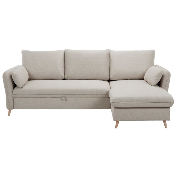 Miliboo - Canapé dangle convertible réversible avec coffre 3-4 places en tissu beige et bois clair DRISS