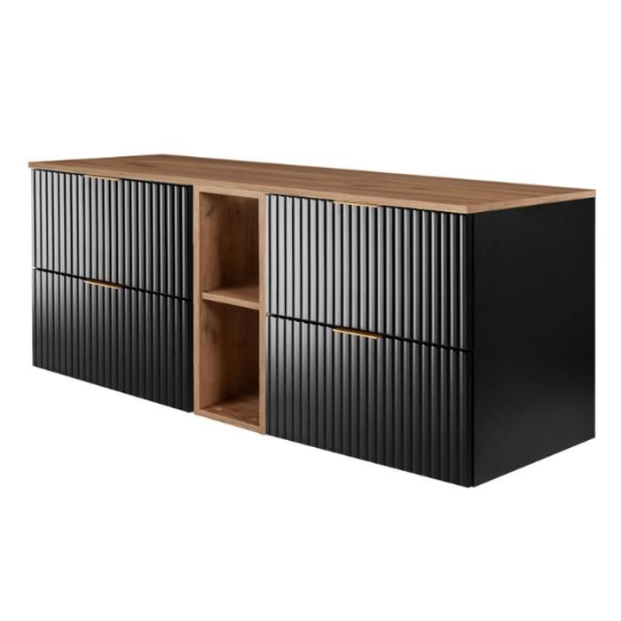 RODAN Meuble sous Lavabo 140 cm - avec plan de travail et étagère - FLOW façade rainurée - noir - 1406 x 16 x 465 cm