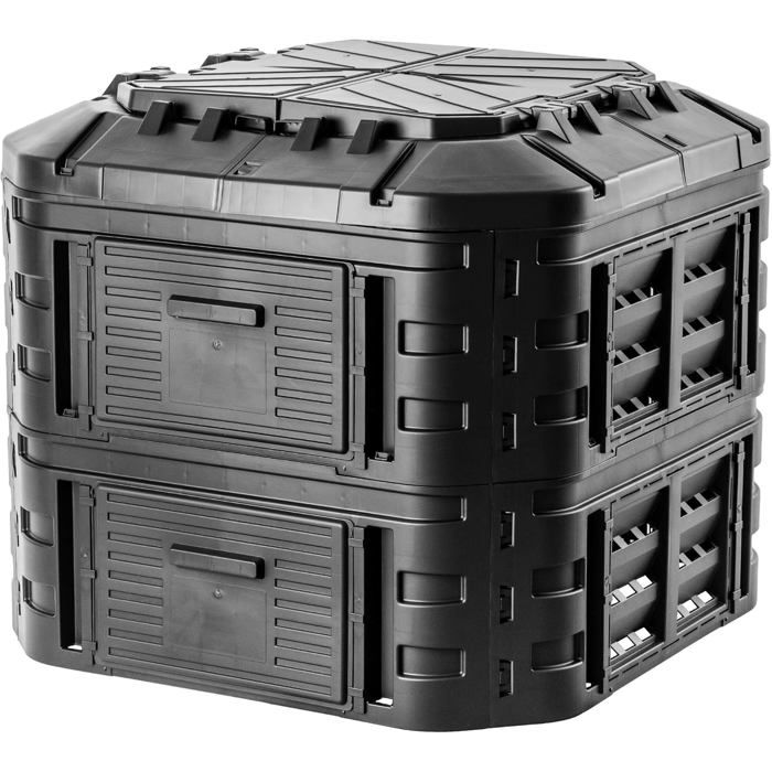 Compostiera Da Giardino KADAX - 360L, Nero, Plastica Riciclata, Con Coperchio Pieghevole, Sistema Aria E Irrigazione