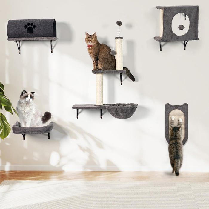 Comparer les prix de Mur D'Escalade Pour Chats - 5 Pièces - En Peluche Confortable - Avec Arbre À Chat - Boule Suspendue - Planche À Gratter En Sis