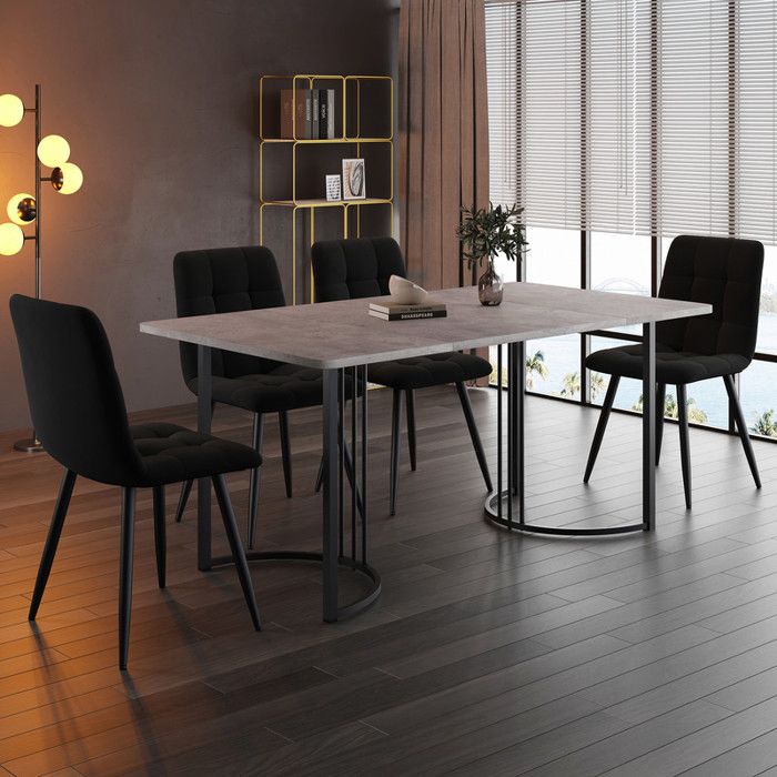 Ensemble Table et Chaises Salle a Manger 140x80 cm Table a Manger avec 4 Chaises en Velours Noir Plateau en MDF Gris
