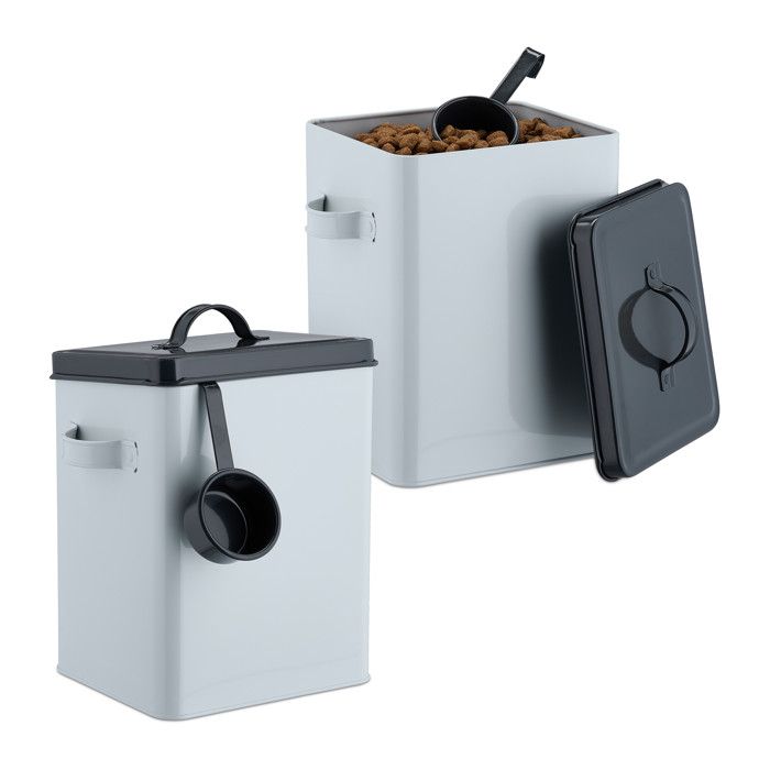 Relaxdays Boîte de conservation lot de 2 55 L couvercle & cuillère fer pour croquettes blanc - anthracite