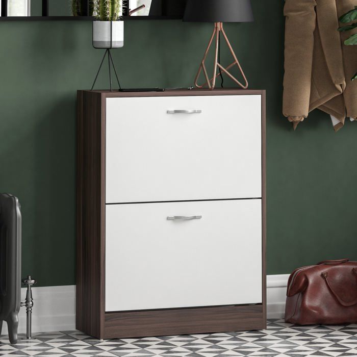 Meuble à chaussures 2 tiroirs – Armoire de rangement pour chaussures meuble d’entrée ou de couloir Noyer et blanc