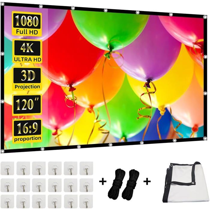 Écran De Projection 100 Pouces 221x125cm 16:9 Pliable 4K HD - Toile Double Face Anti-Plis Pour Vidéoprojecteur