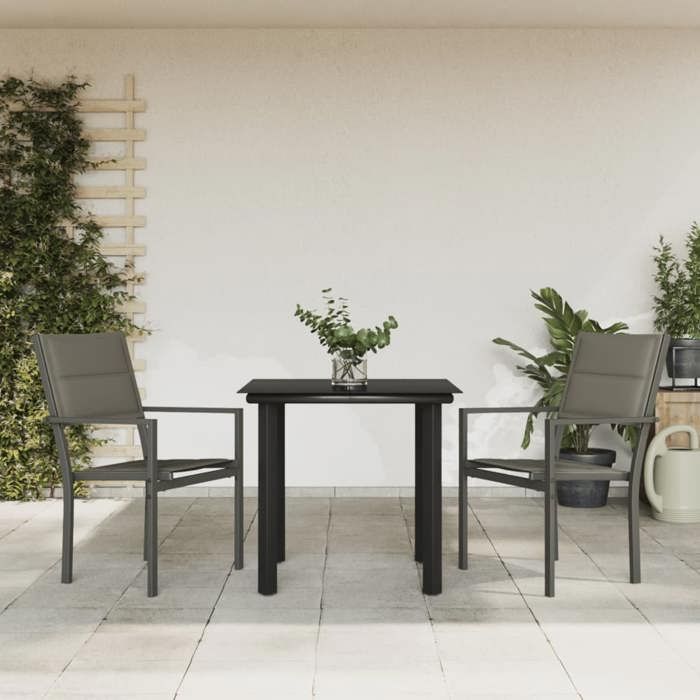 “RabaisEnsemble à manger de jardin 3 pcs - Table de salon salle à manger + 2 Chaises de jardin - noir textilène et acier SOLO772217