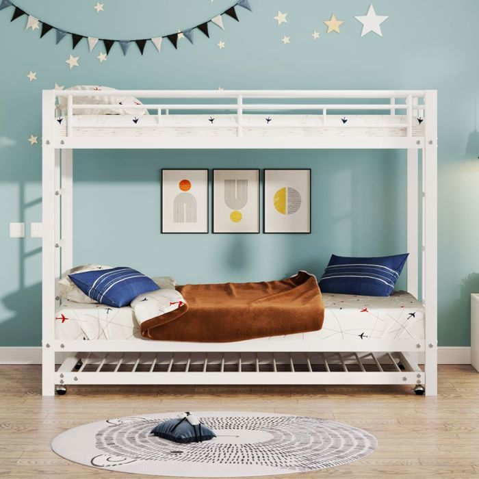 Lit Superposé 90x200 Métal Blanc - Lit Gigogne Intégré - Garde-Corps Haut Certifié EN747 sans Matelas Lit Superposé 90x200 Métal Blanc - Lit Gigogne Intégré - Garde-Corps Haut Certifié EN747 sans Matelas