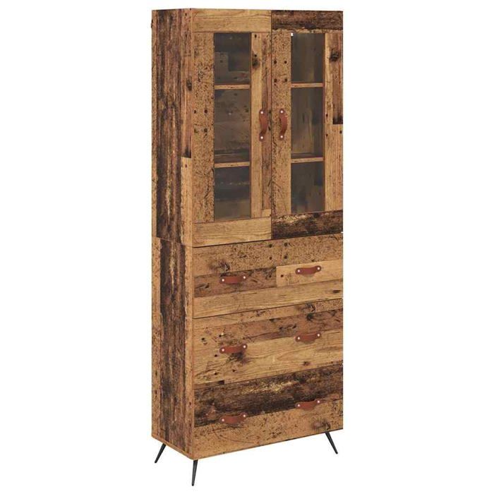 Buffet avec étagère en bois dingénierie - vidaXL - Bois ancien - 69 5x34x180 cm - 3 tiroirs - 2 portes en verre