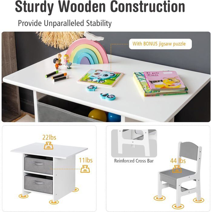 GIANTEX Table et 2 Chaises Enfants Plateau Spacieux et 2 Tiroirs de Rangement pour Lire Écrire Dessiner et Jouer