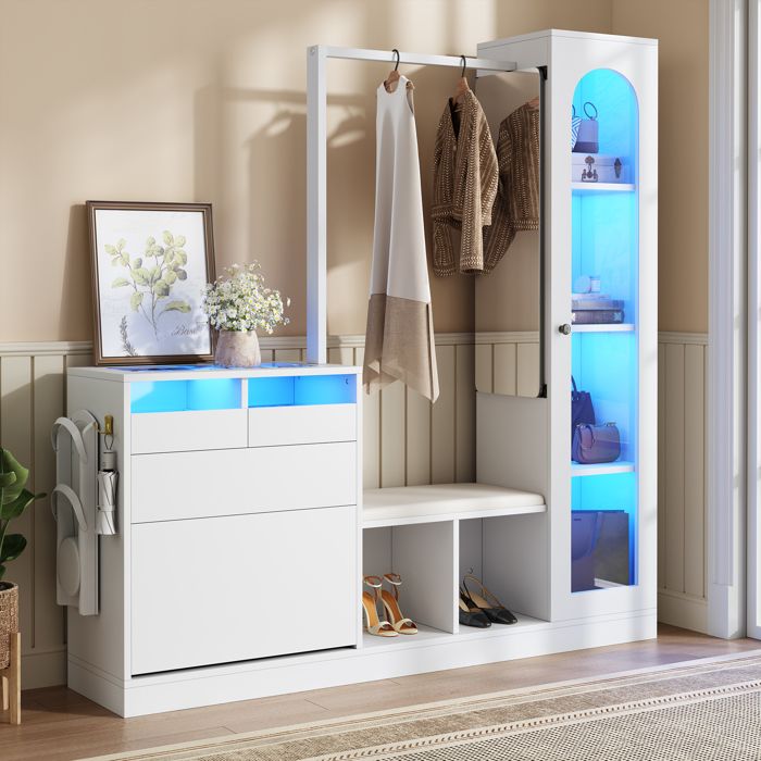 Meuble dentrée - Becag - Vestiaire dentrée avec LED et miroir - Avec vitrine en verre et banc - 163x35x161cm - Blanc