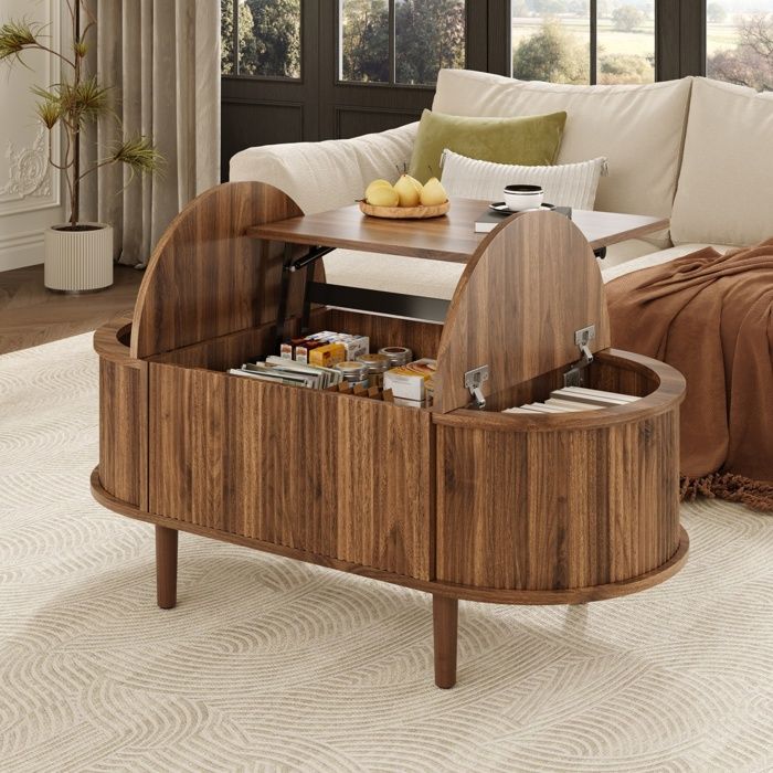 Table Basse Relevable Ovale de Salon - 100x48x40 cm - Plateau Extensible et Double Rangement - Meuble Rétro en Bois de Noyer