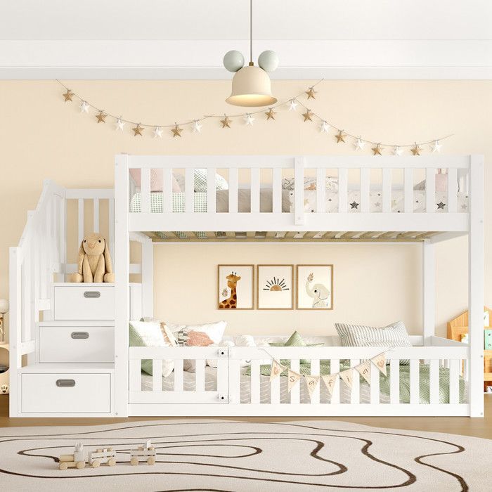 Lit Superposé Enfant 90x200 cm Lit Mezzanine Multifonctionnel avec Escalier de Rangement et Barrière de Sécurité sans Matelas