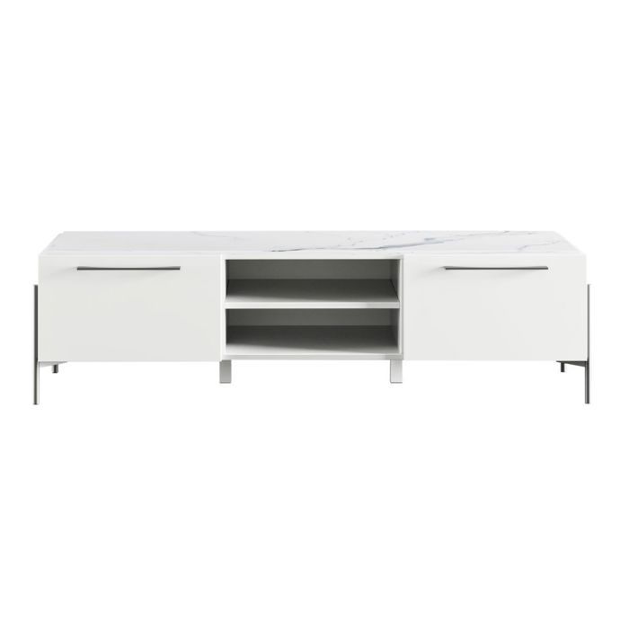 Meuble TV 2 portes laqué blanc plateau marbré pieds et poignées métal anthracite - CARAT Meuble TV 2 portes laqué blanc plateau marbré pieds et poignées métal anthracite - CARAT