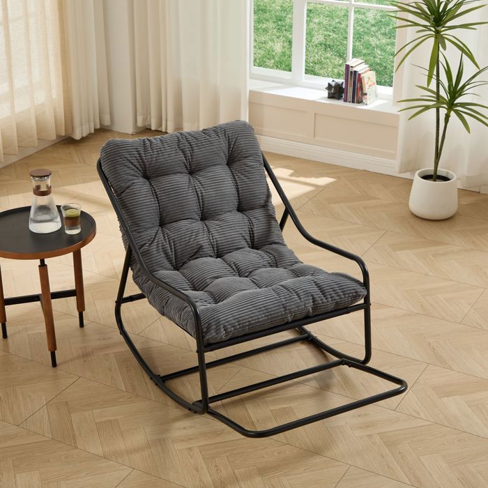 Fauteuil à bascule dextérieur en acier avec coussin épais style moderne gris
