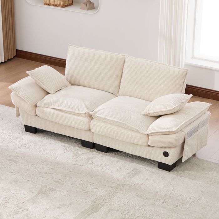 Bladez- Canapé 2 places modulable avec USB-C assise confortable mousse HD rangements poches pour salon ou bureau - Beige