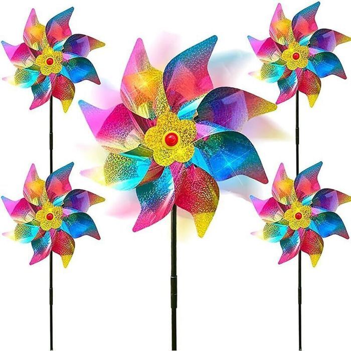 Lot de 5 moulins à vent réfléchissants anti-oiseaux répulsifs pour oiseaux pour jardin (arc-en-ciel)