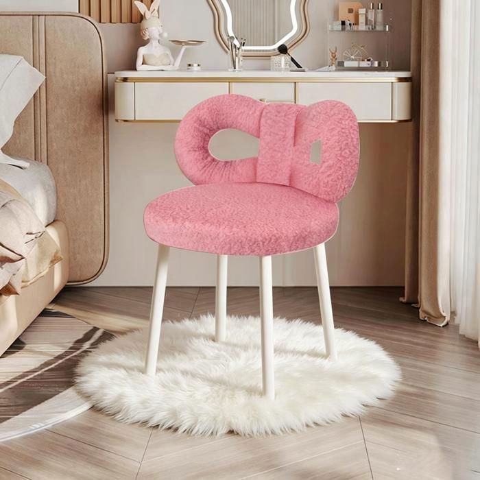 Tabouret de Coiffeuse - Forme de Nœud Papillon - Laine Synthétique - Conception Ergonomique - Dossier Incurvé - Rose