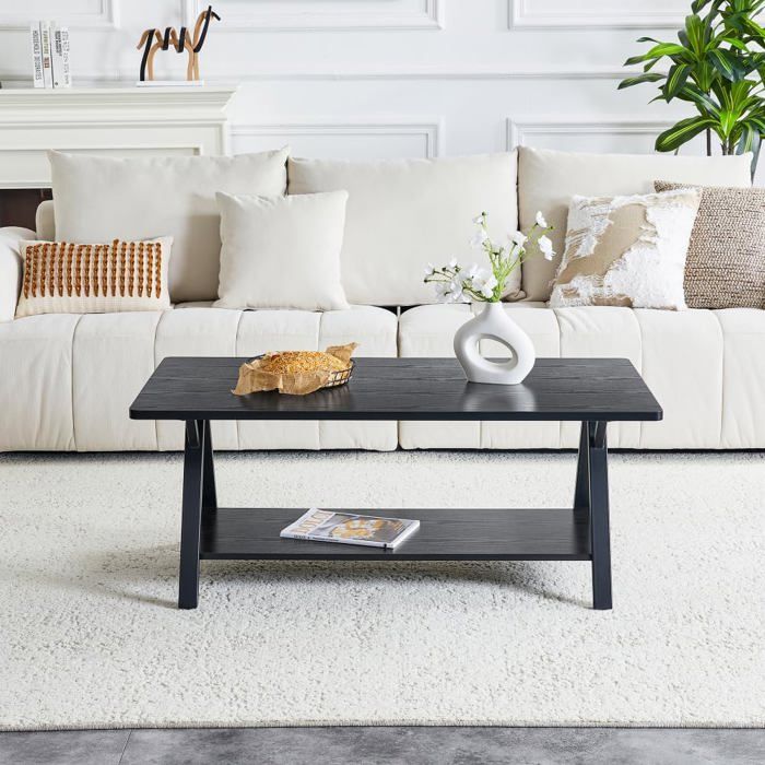 Table Basse Rectangulaire - Table dAppoint pour Salon Séjour Bureau - Table de Salon avec 1 Etagère Espace de Rangement - Noir