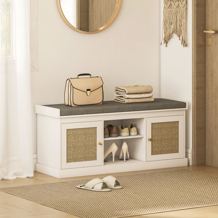 Banc à chaussures 105 x 35 x 47 cm blanc portes à façade en rotin étagères réglables et ouvertes