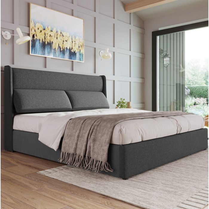 COVREO Lit coffre 140x200 cm avec matelas tête de lit réglable 3 positions tissu gris sommier métal