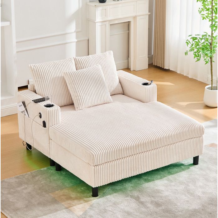 MEULVA fauteuil relaxation large 142 x 128 x 85 cm velours côtelé beige LED USB et porte-gobelets