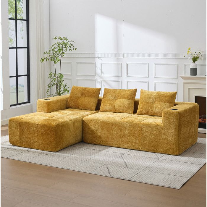 Canapé dangle compressé 255 x 161 cm en chenille jaune avec 3 coussins et porte-gobelets
