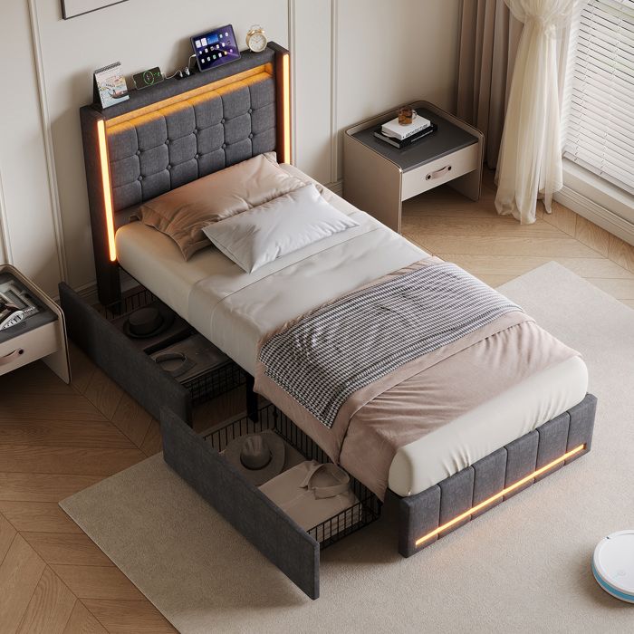 Lit coffre 90×200 cm Anajqaqia Lit enfant avec 2 tiroirs lit simple tête de lit avec LED tête de lit avec USB et Type-C lin gris