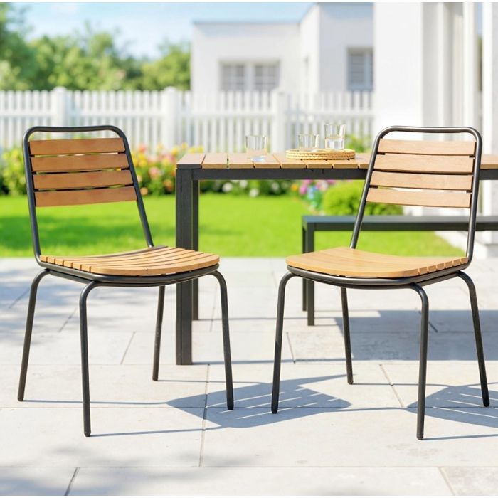 Chaise de jardin lot de 2 empilables avec dossier en eucalyptus et acier thermolaqué charge 160 kg extérieur ORVRYN