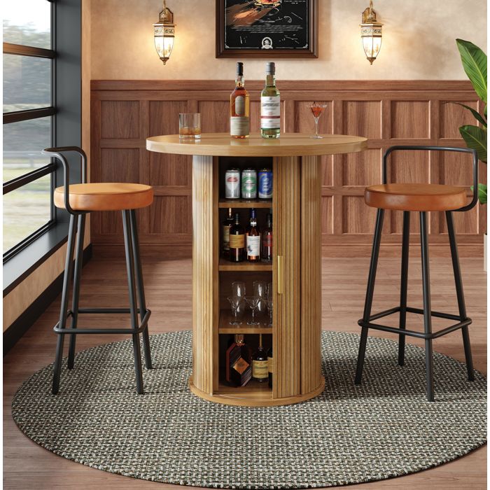 Table De Bar Ronde Aspect Bois Marron Set Table De Bar FloraGrace Pour Salon Et Cuisine Avec Rangement Integre 60x60x91.6cm