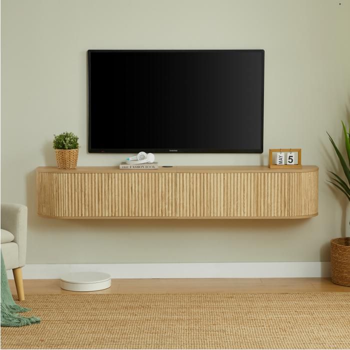 Meuble TV mural 180x32x30 cm avec portes rainurées passe-câbles coins arrondis charnières amorties bois naturel