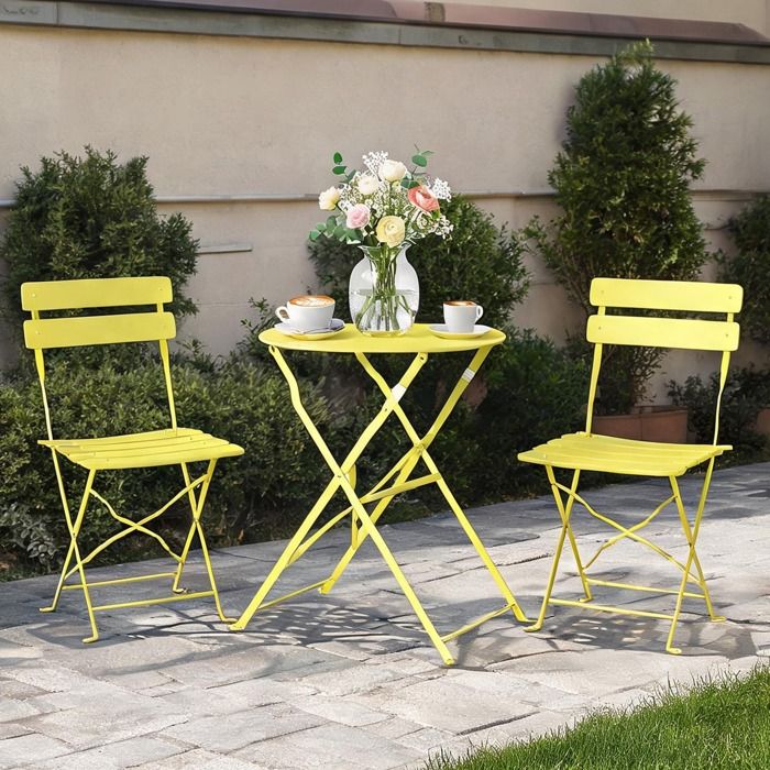 Ensemble bistrot 2 places table ronde et 2 chaises pliantes métal thermolaqué jaune