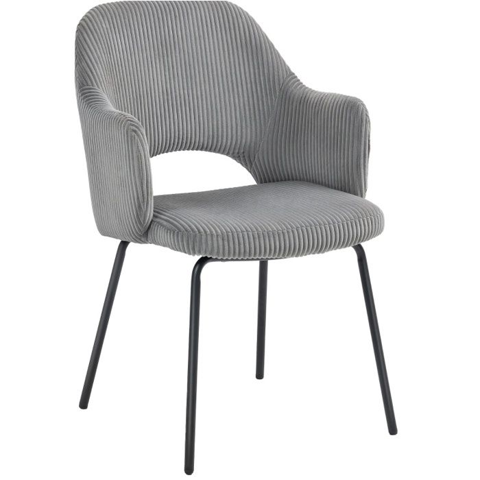 Chaise de salle à manger en velours côtelé gris avec accoudoirs et pieds en métal